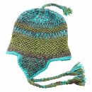 Woolen Hat - Knit Cap - Earflaps and Cords - turquoise-green
