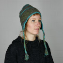 Woolen Hat - Knit Cap - Earflaps and Cords - turquoise-green