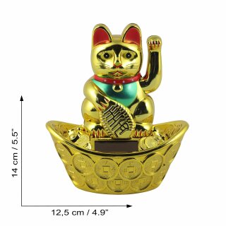 Glückskatze - Maneki-neko - Winkekatze Solar - ovaler Sockel - 14 cm - gold