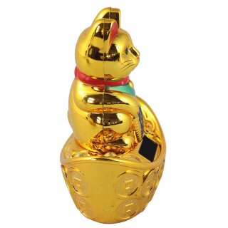 Glückskatze - Maneki-neko - Winkekatze Solar - ovaler Sockel - 10 cm - gold