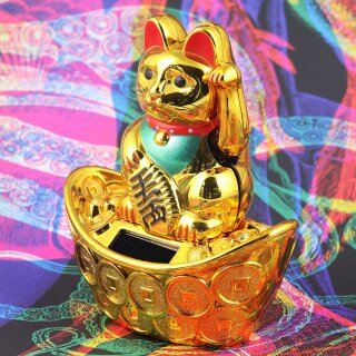 Glückskatze - Maneki-neko - Winkekatze Solar - ovaler Sockel - 10 cm - gold