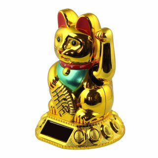 Glückskatze - Maneki-neko - Winkekatze Solar - runder Sockel - 10,5 cm - gold