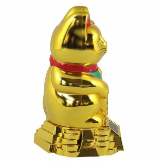 Glückskatze - Maneki-neko - Winkekatze Solar - runder Sockel - 15 cm - gold