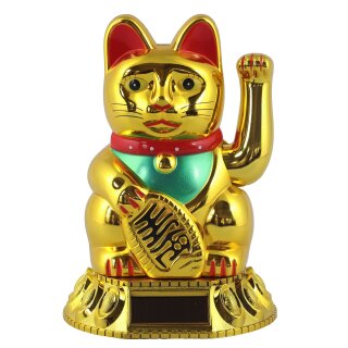 Glückskatze - Maneki-neko - Winkekatze Solar - runder Sockel - 18 cm - gold
