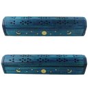 Incense stick holder - Incense box - wood - blue - ornamentation moon