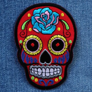 Aufnäher - Totenkopf Mexico mit Rose - rot-blau - Patch