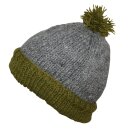 Wollmütze mit Bommel - grau-meliert - grün-oliv - warme Strickmütze - Bommelmütze