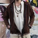 Jacket brown with ethno brim transitional jacket cotton poncho style coat