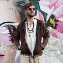 Jacket brown with ethno brim transitional jacket cotton poncho style coat