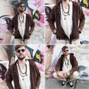 Jacket brown with ethno brim transitional jacket cotton poncho style coat