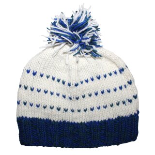 Wollmütze mit Bommel und Streifen Muster - weiß - blau - warme Strickmütze - Bommelmütze