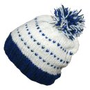 Wollmütze mit Bommel und Streifen Muster - weiß - blau - warme Strickmütze - Bommelmütze