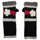 Armstulpen aus Wolle - Strickstulpen - schwarz mit Blume und Streifen - Pulswärmer mit Fleece