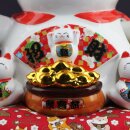 Glückskatze Maneki-neko Winkekatze Krone Porzellan 26cm weiß winkende Katze Lucky cat