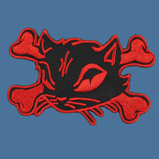 Aufnäher - Katzenkopf mit Knochen - schwarz-rot links - Patch