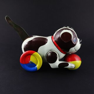 Blechspielzeug - Hund mit buntem Ball - Blechhund