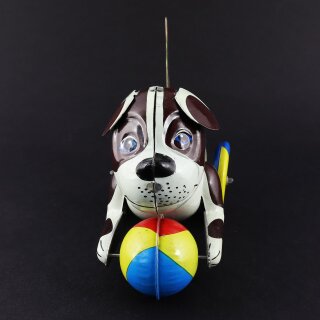 Blechspielzeug - Hund mit buntem Ball - Blechhund