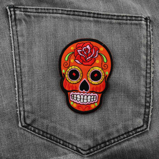 Aufnäher - Totenkopf Mexico mit Rose - orange-rot - Patch