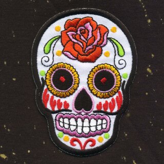 Aufnäher - Totenkopf Mexico mit Rose - weiß-orange - Patch