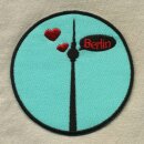Aufnäher - Fernsehturm Berlin mit Herz - schwarz, hellblau, rot 8 cm - Patch