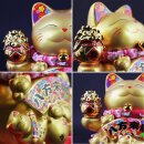 Glückskatze Maneki-neko Winkekatze Porzellan 21cm gold winkende Katze Lucky cat
