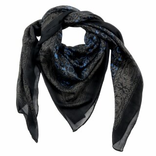 Cotton Scarf Indian pattern 1 black grey flowers blue squared kerchief