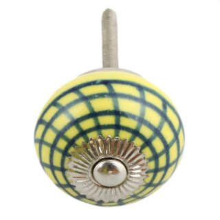 Möbelknauf aus Keramik Shabby Chic - Kariert - blau-gelb - silber