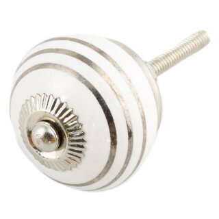 Möbelknauf aus Keramik Shabby Chic - Streifen - weiß- silber